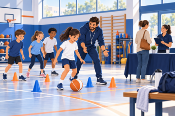 Illustrazione di un open day in palestra con bambini guidati da un istruttore e accoglienza delle famiglie.